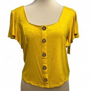 Self Esteem Mustard Faux Button Ruffle Sleeve Crop Top (L, NWT)